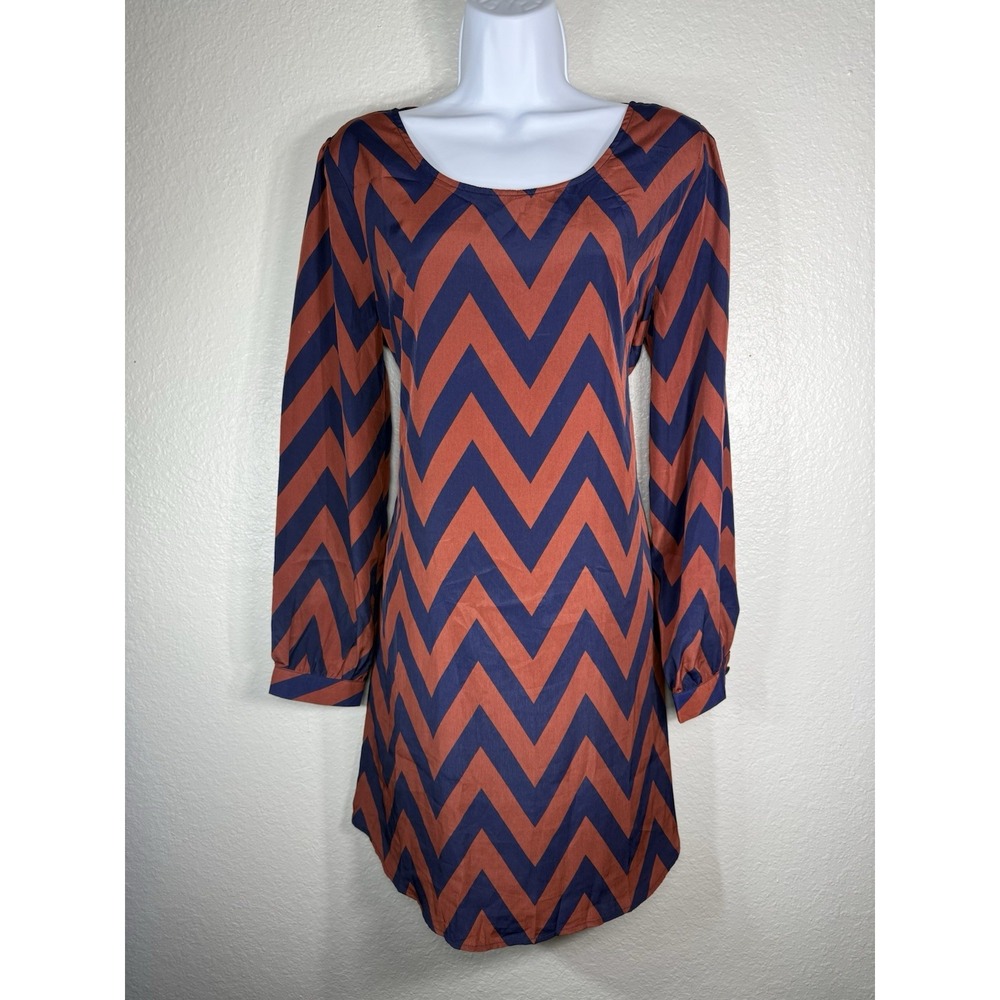 Charming Charlie Chevron Shift Long Sleeve Scoop Neck Dress -Navy & Burnt Orange
